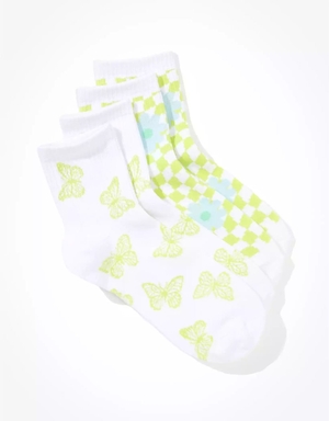 Chaussettes American Eagle AE Butterfly Checkerboard Boyfriend Sock 2-Pack Vert Femme | YMO-80112568